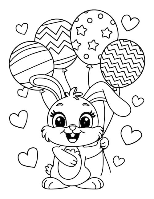 Easter bunny with egg patterned balloons coloring page