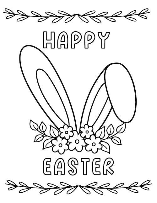 happy easter bunny ears with floral accents coloring page