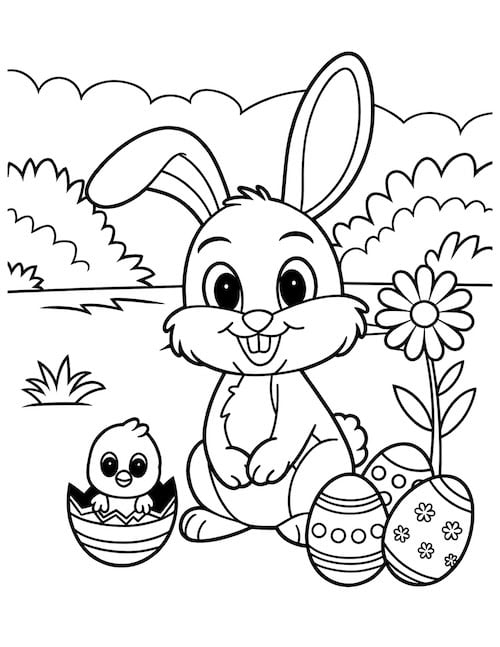 bunny with chick and eggs coloring page