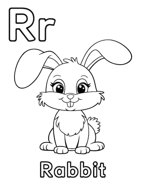 Letter R rabbit coloring page for kids