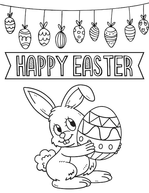 happy easter banner and bunny with egg coloring page