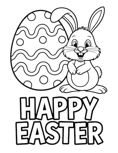 Happy Easter bunny and large decorated egg coloring page