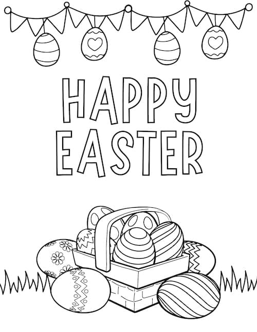 happy easter basket and garland coloring page