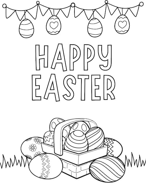 happy easter basket and garland coloring page