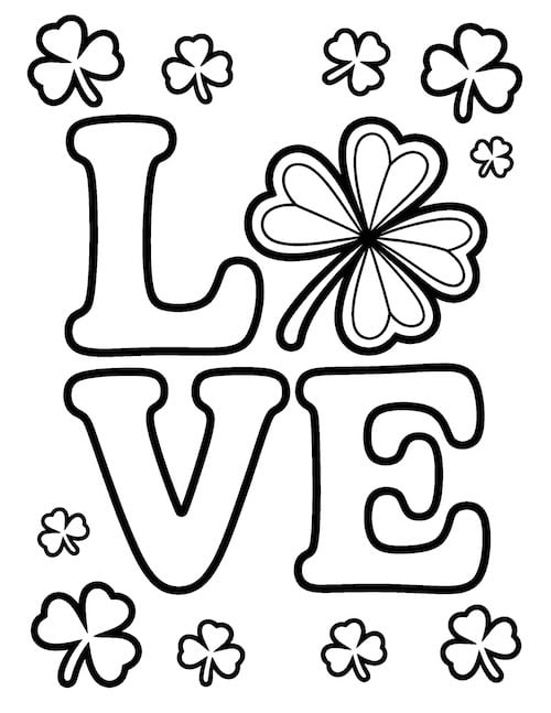 Love shamrock St. Patrick's Day coloring page with clovers