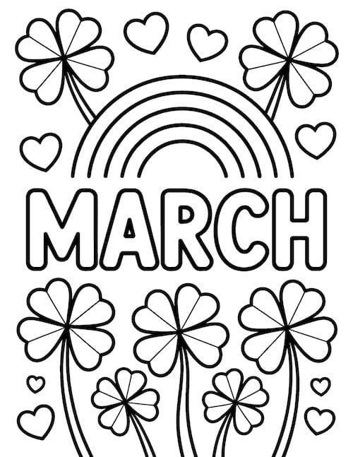 March coloring page with rainbow, shamrocks, and hearts.