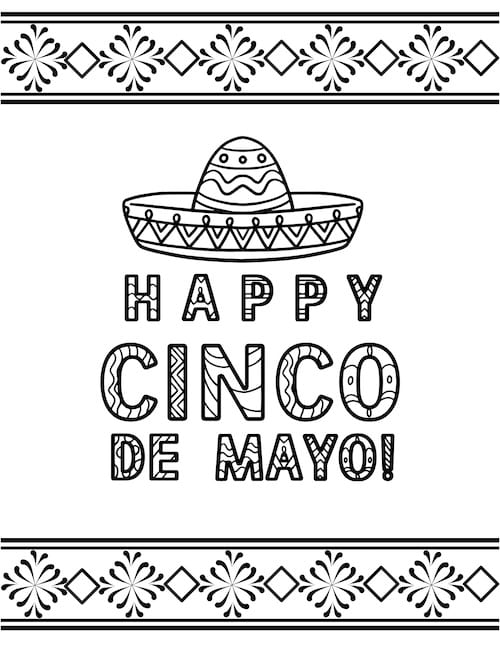 Happy Cinco De Mayo coloring page with sombrero