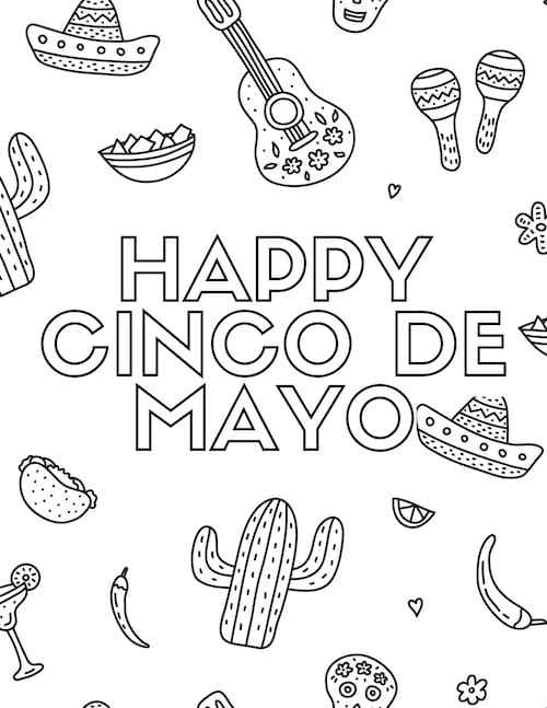 happy cinco de mayo coloríng sheet with guitar, maracas, tortilla chips and more