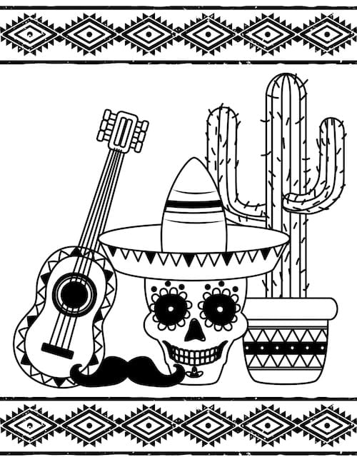 sugar skull with guitar and cactus