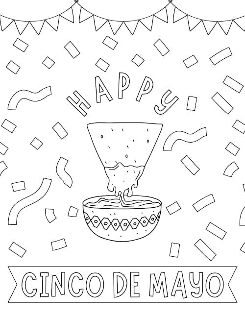 happy cinco de mayo coloring page with nachos and confetti