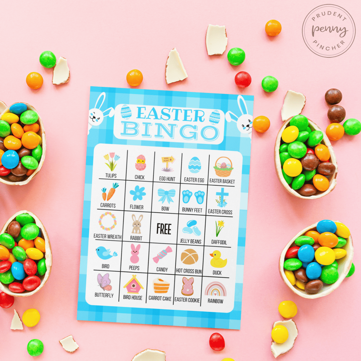 free printable easter bingo sheet on pink background with easter candy