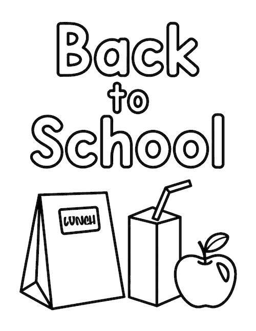 back to school coloring page with lunch bag, juice box and apple