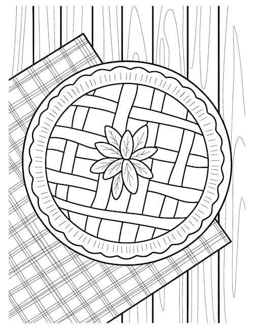 apple pie coloring page with lattice crust on a plaid cloth