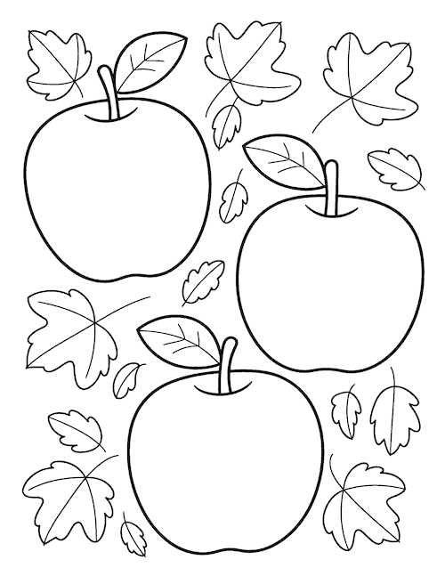 three apples surrounded by autumn leaves