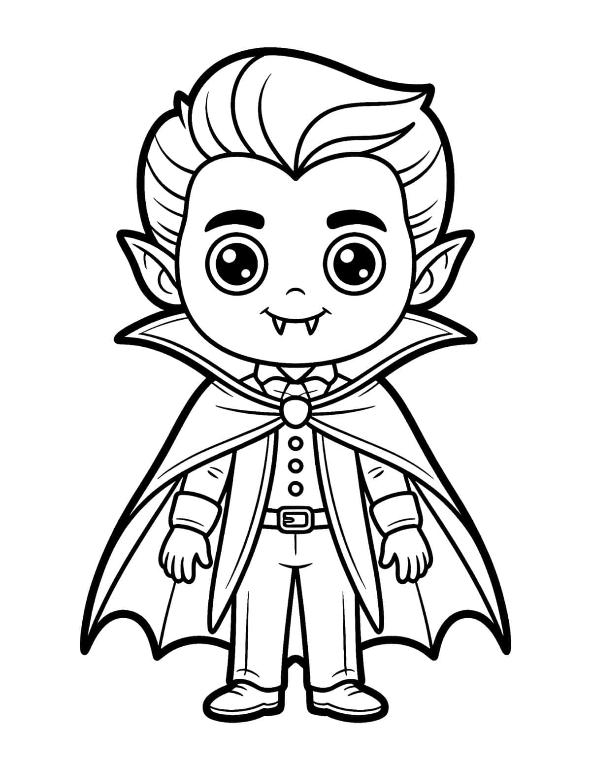 Cute vampire boy coloring page with cape, vest, fangs, and pointed ears