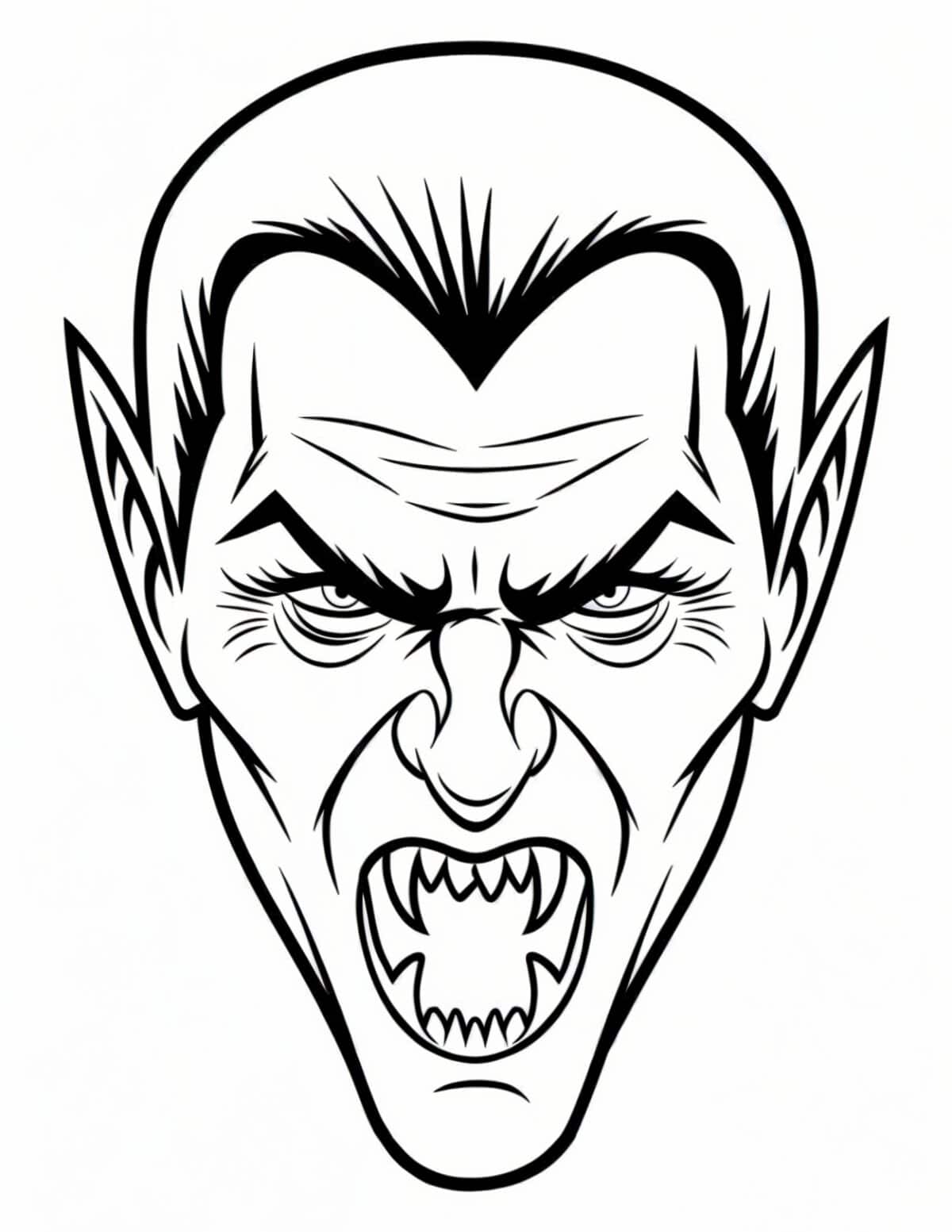 Scary vampire face with pointed ears and sharp teeth.