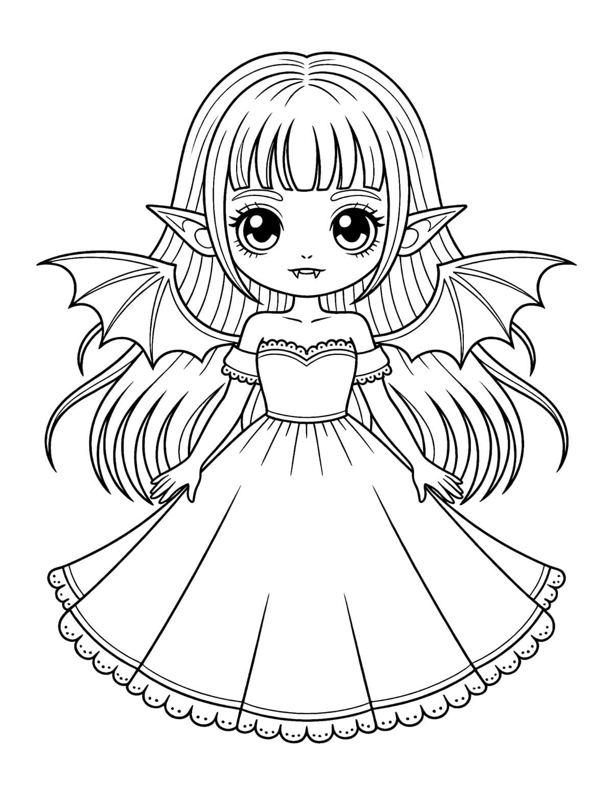 anime vampire girl coloring page with bat wings and lace-trimmed dress.