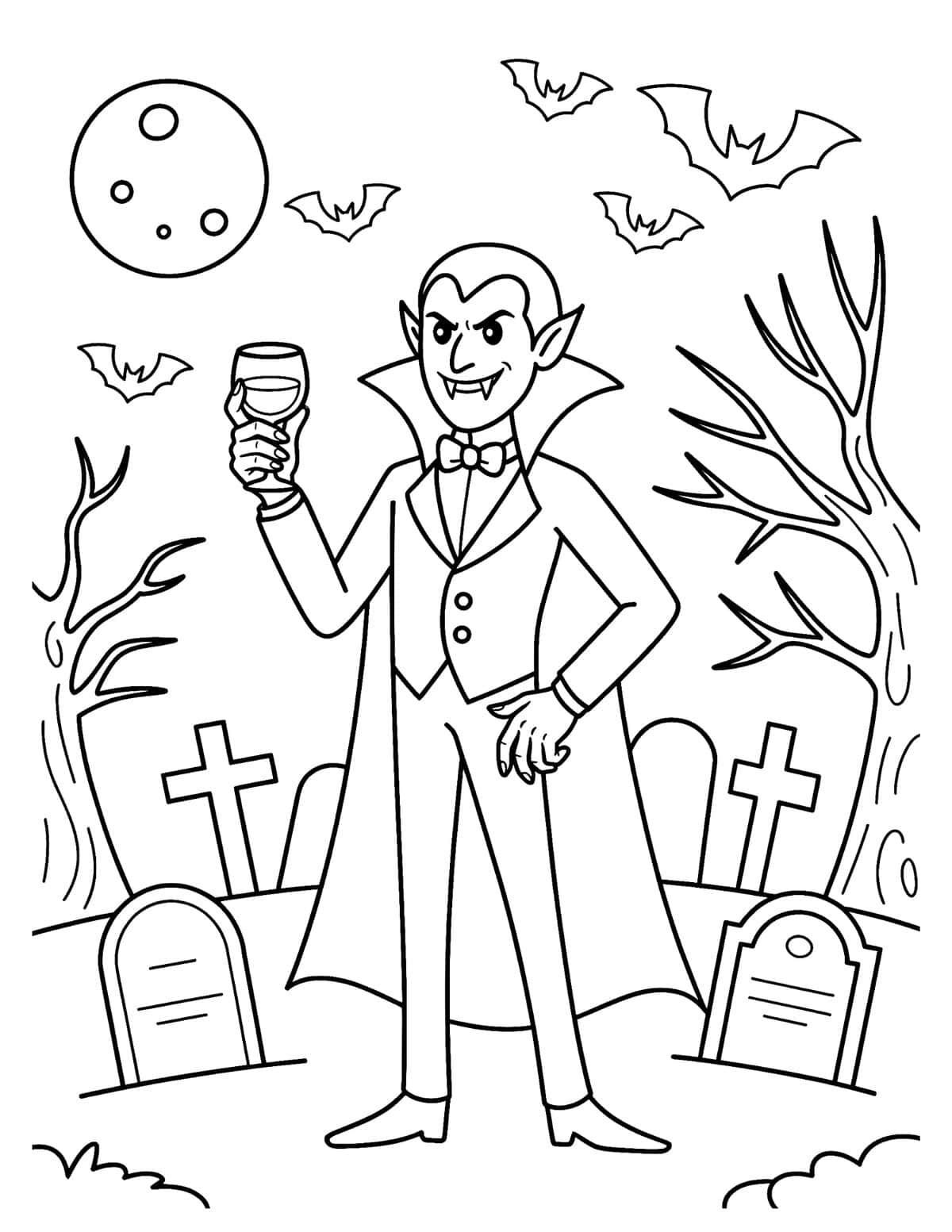 graveyard coloring sheet with bats, and full moon.