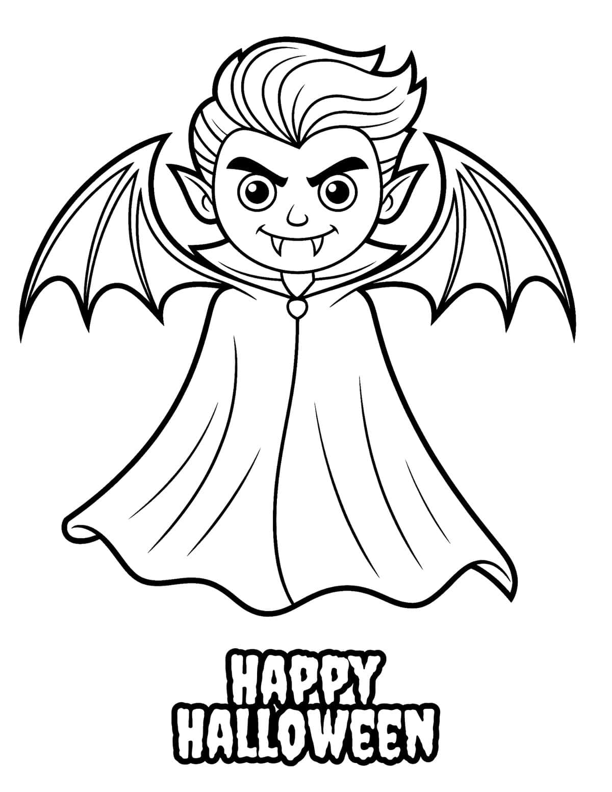 vampire teenager coloring page with large bat wings and flowing cape.