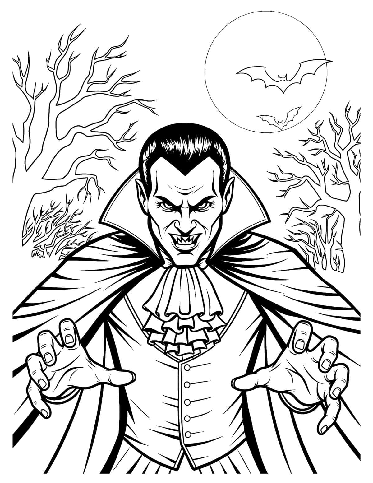 Detailed vampire coloring sheet with twisted trees, bats, and moonlit sky.