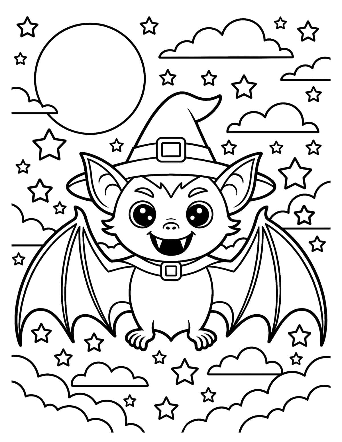 Cute Halloween bat coloring page wearing a witch hat