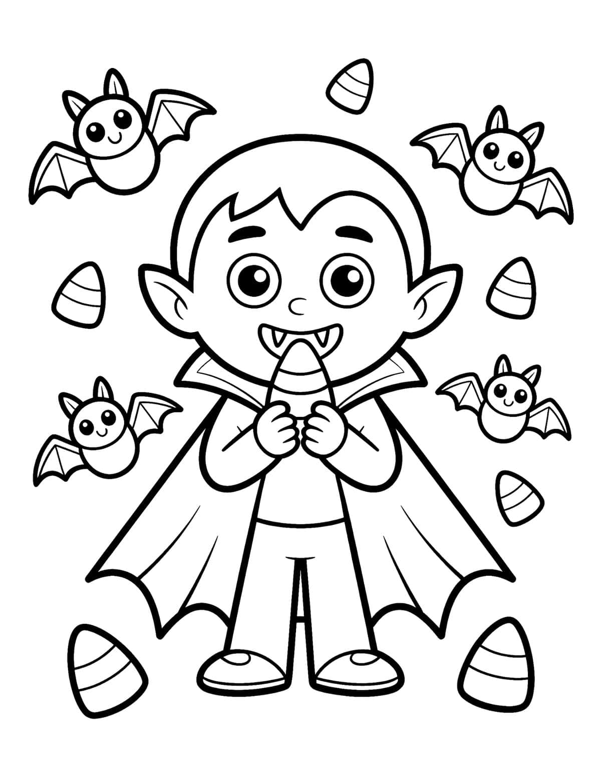 Candy corn coloring sheet surrounded by cute flying bats.