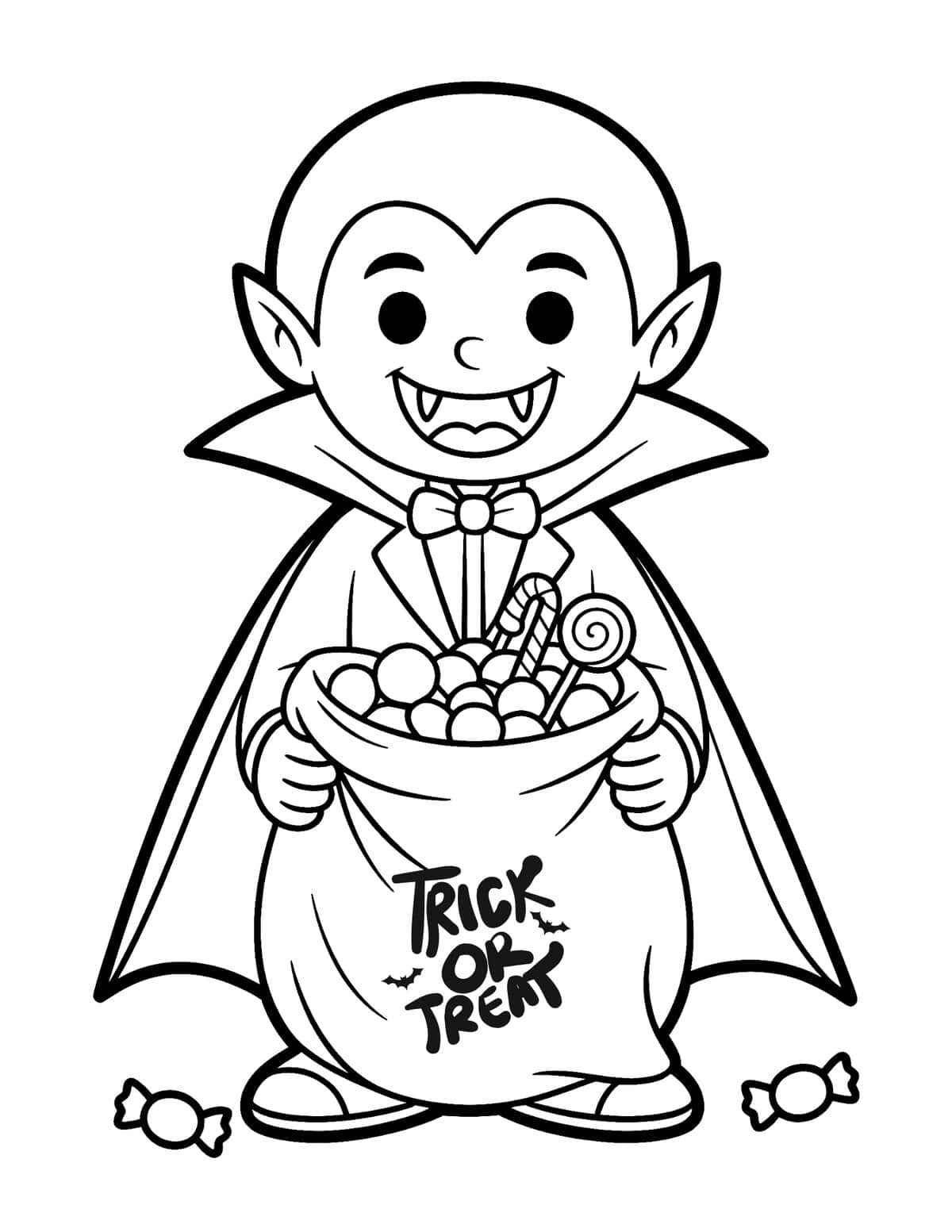 Trick-or-treat coloring sheet holding a bag full of Halloween candy.