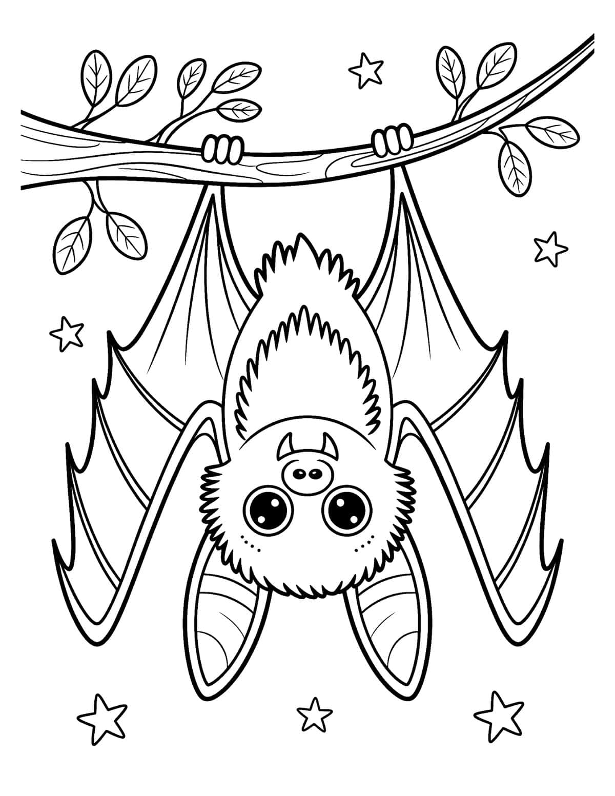 Cute vampire bat coloring page hanging upside down from a leafy tree branch.