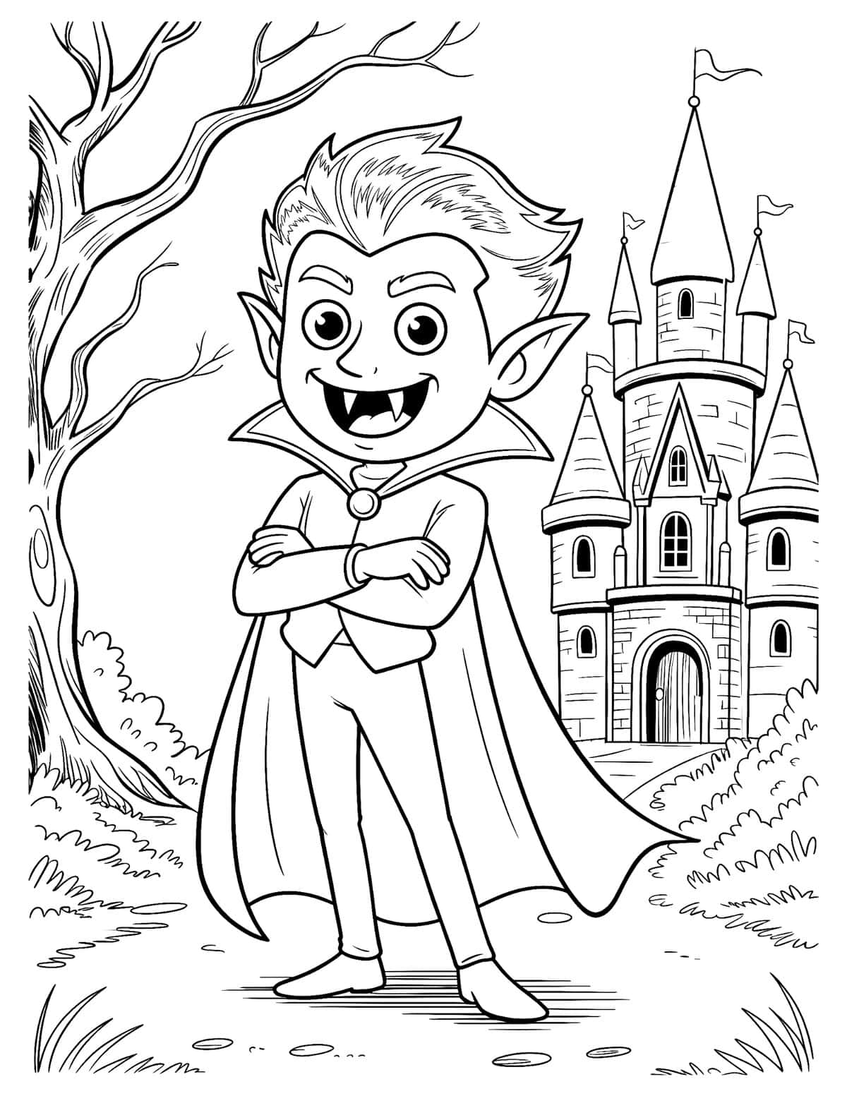 Vampire castle coloring sheet with young vampire