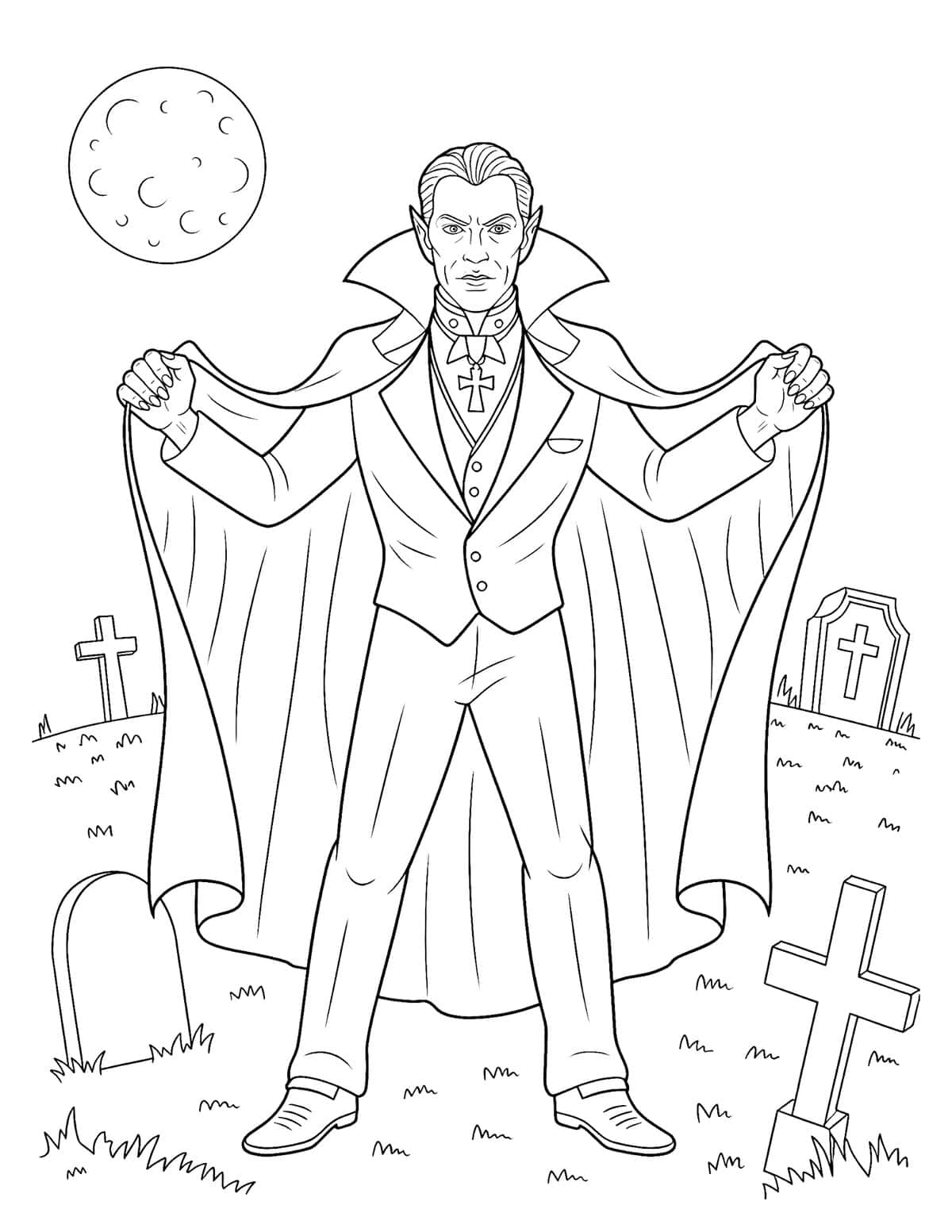 Classic Dracula coloring page spreading his cape in a moonlit graveyard