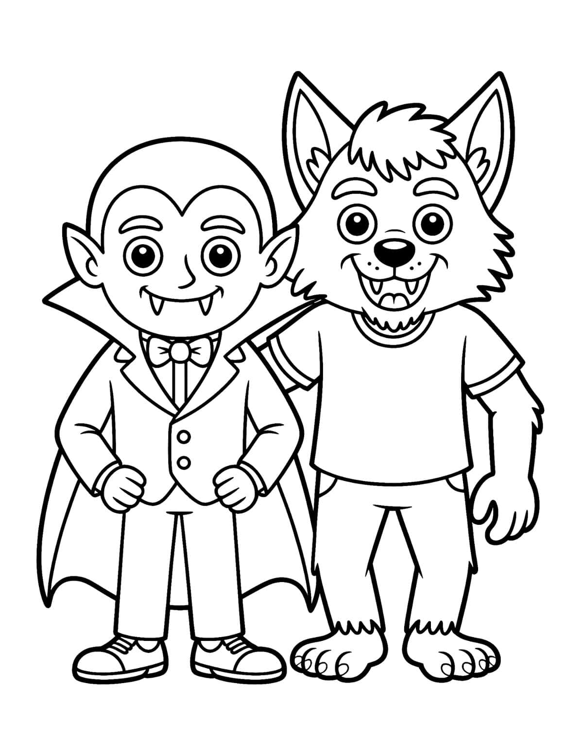 Vampire and werewolf coloring sheet featuring friendly Halloween monsters.