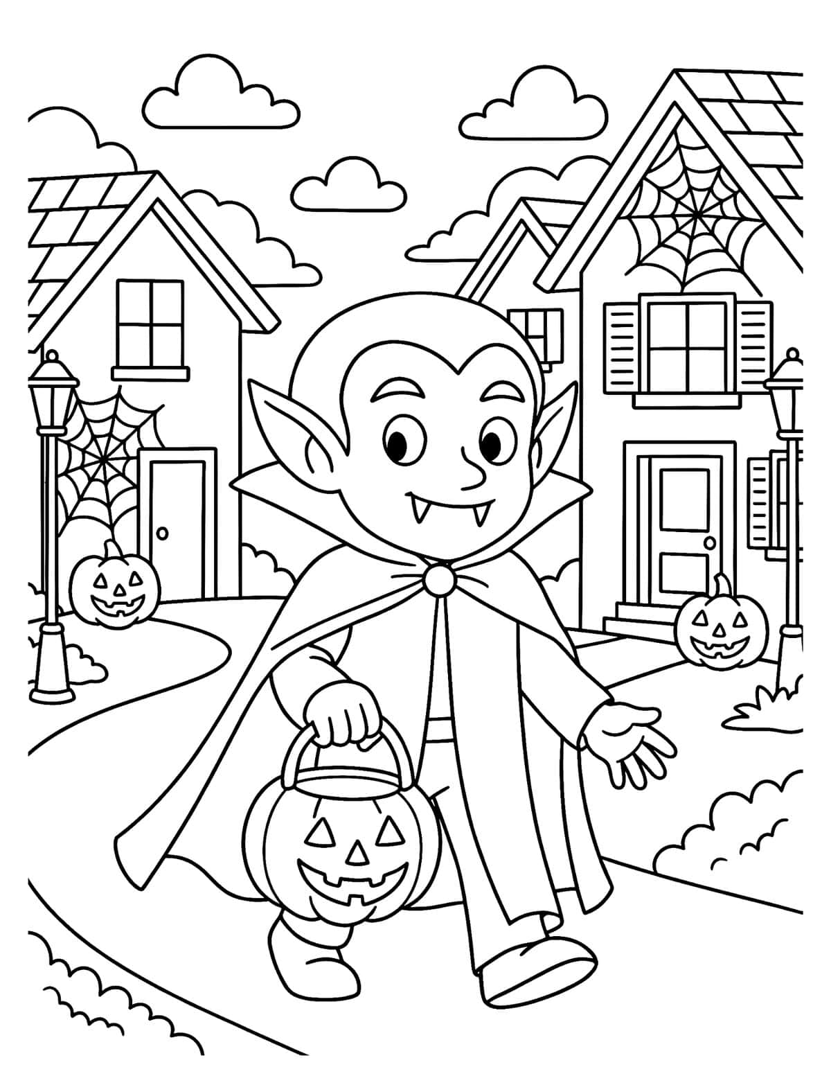 Vampire trick-or-treating coloring page