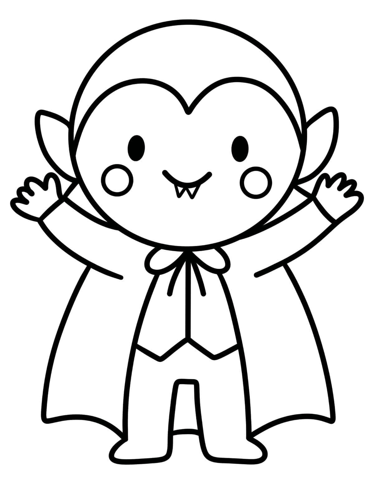 Easy vampire coloring page for preschoolers with cape, fangs, and raised hands.