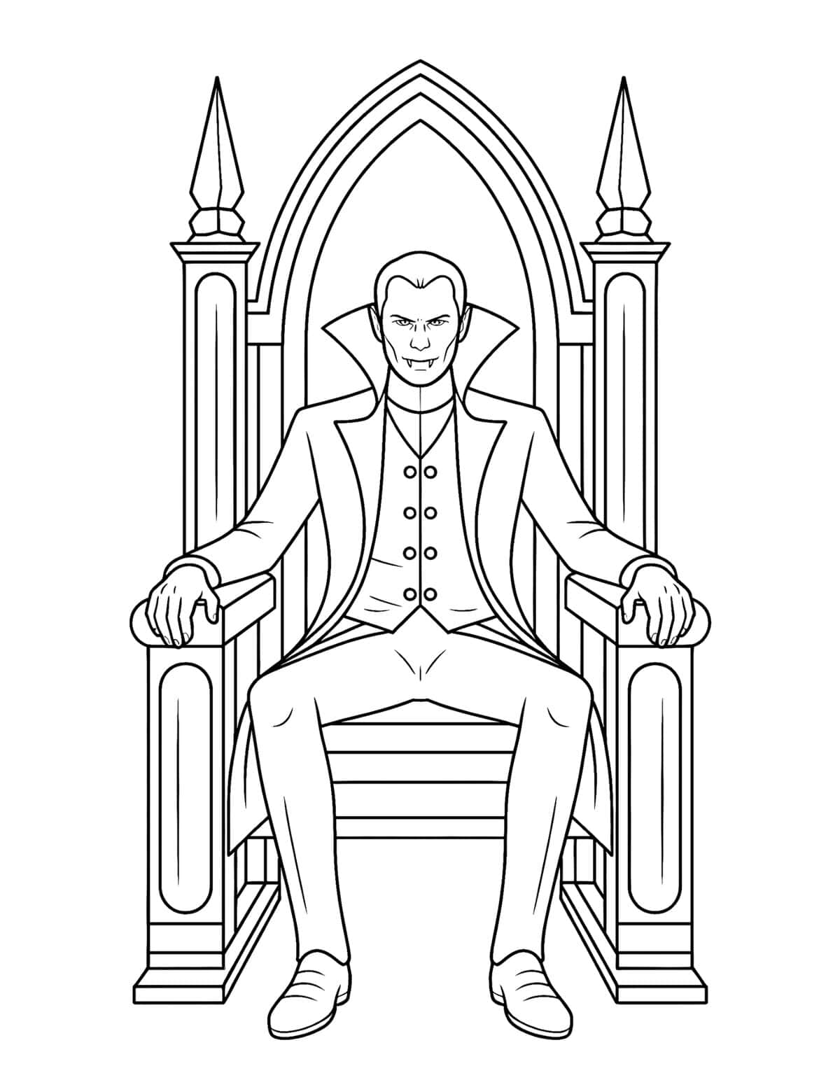 Gothic vampire king seated on a tall haunted castle throne.