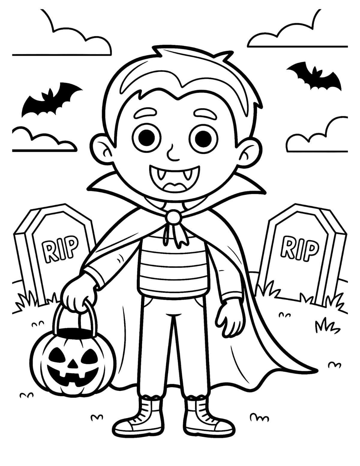 Cute graveyard coloring page with bats, tombstones, and pumpkin pail.