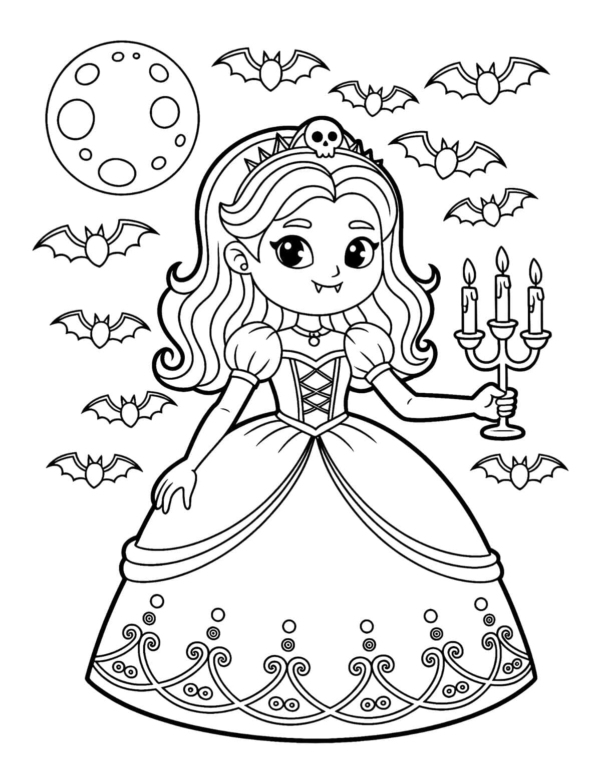 Vampire princess coloring sheet with ornate gown, crown, bats, and candelabra
