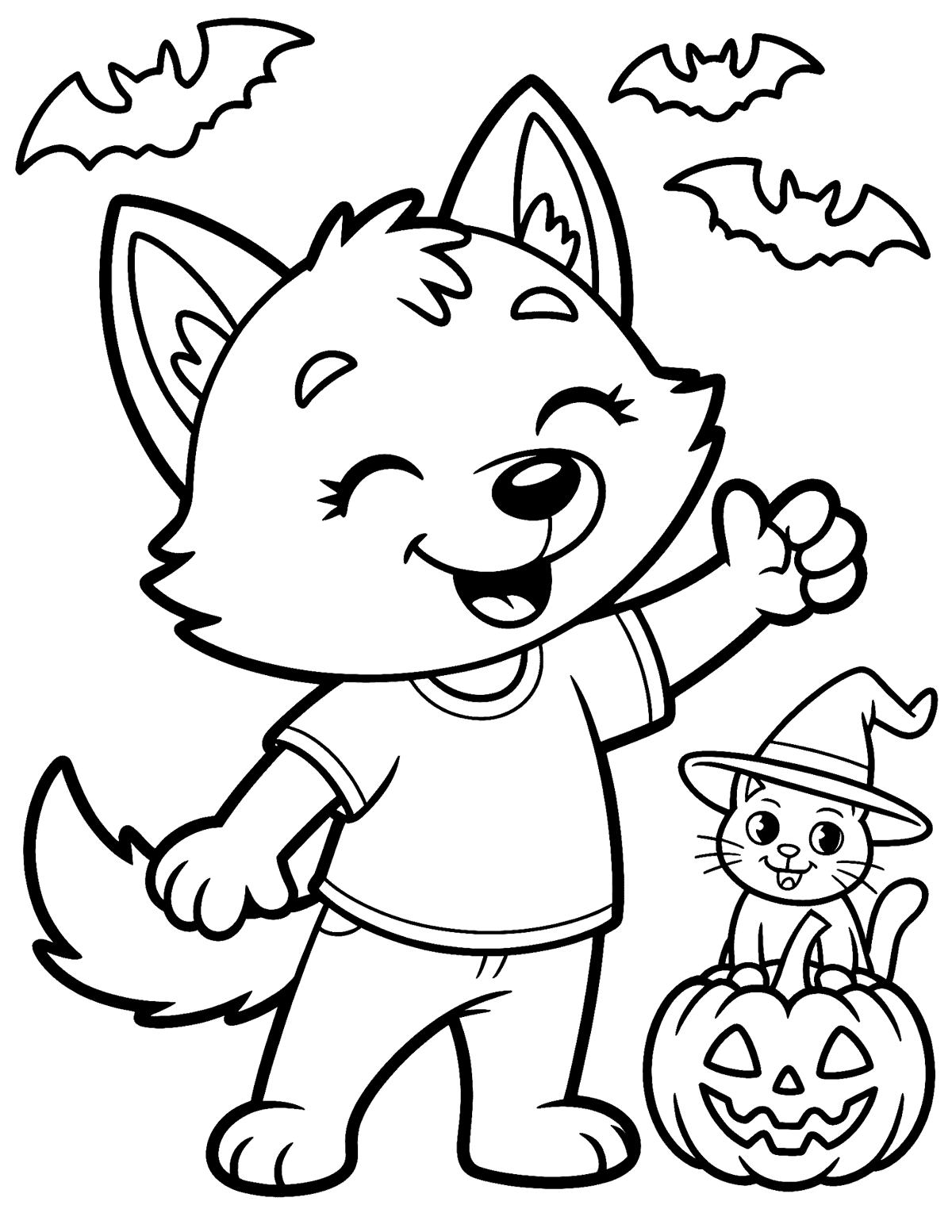 Cute young werewolf waving beside a jack-o’-lantern and cat in a witch hat with bats overhead