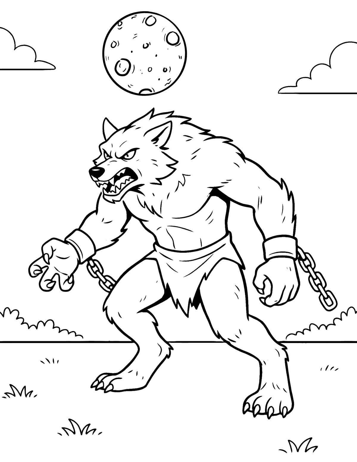 Fierce werewolf breaking free from chains beneath a full moon