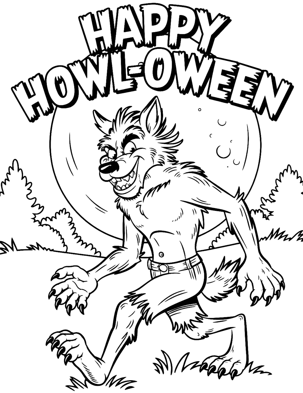 Werewolf running beneath a full moon with Happy Howl-O-Ween lettering