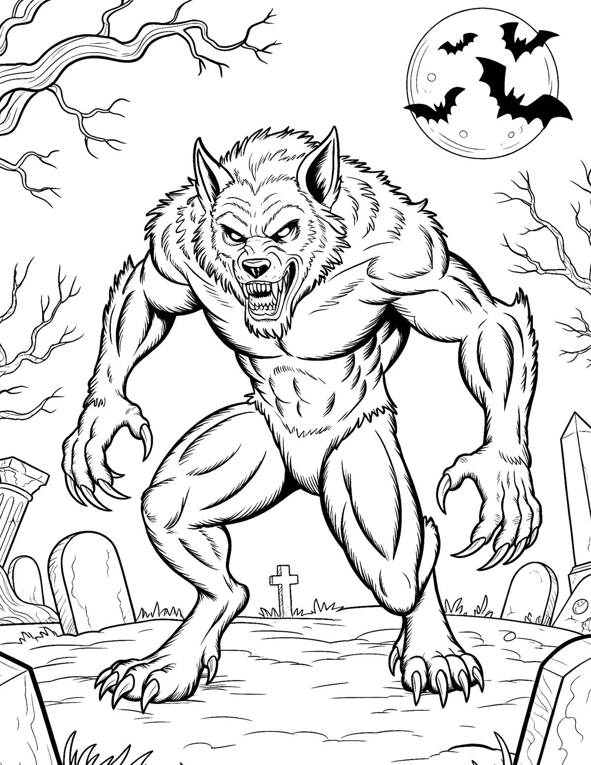 Fierce werewolf standing in a graveyard with bats flying across the full moon