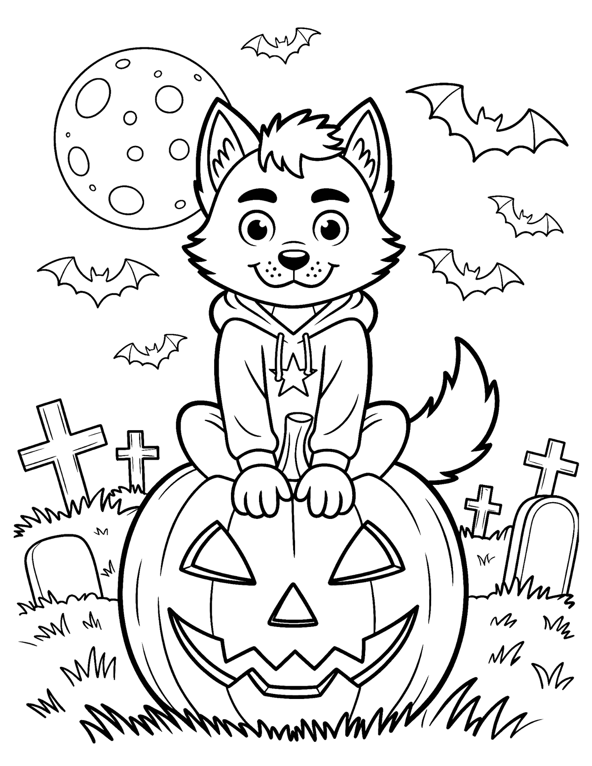 Werewolf crouching on a giant jack-o-lantern with bats, graves, and a full moon