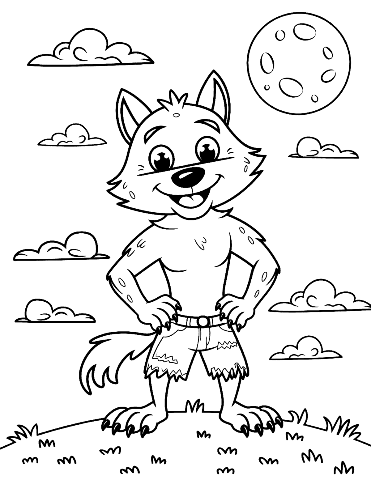 Cute smiling werewolf standing under a full moon and clouds
