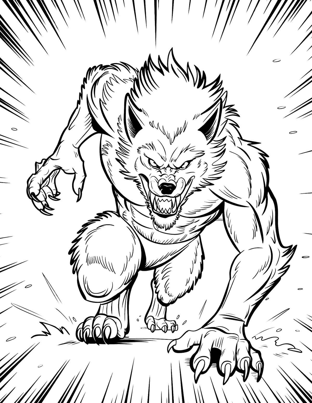 Fierce muscular werewolf charging forward with sharp claws