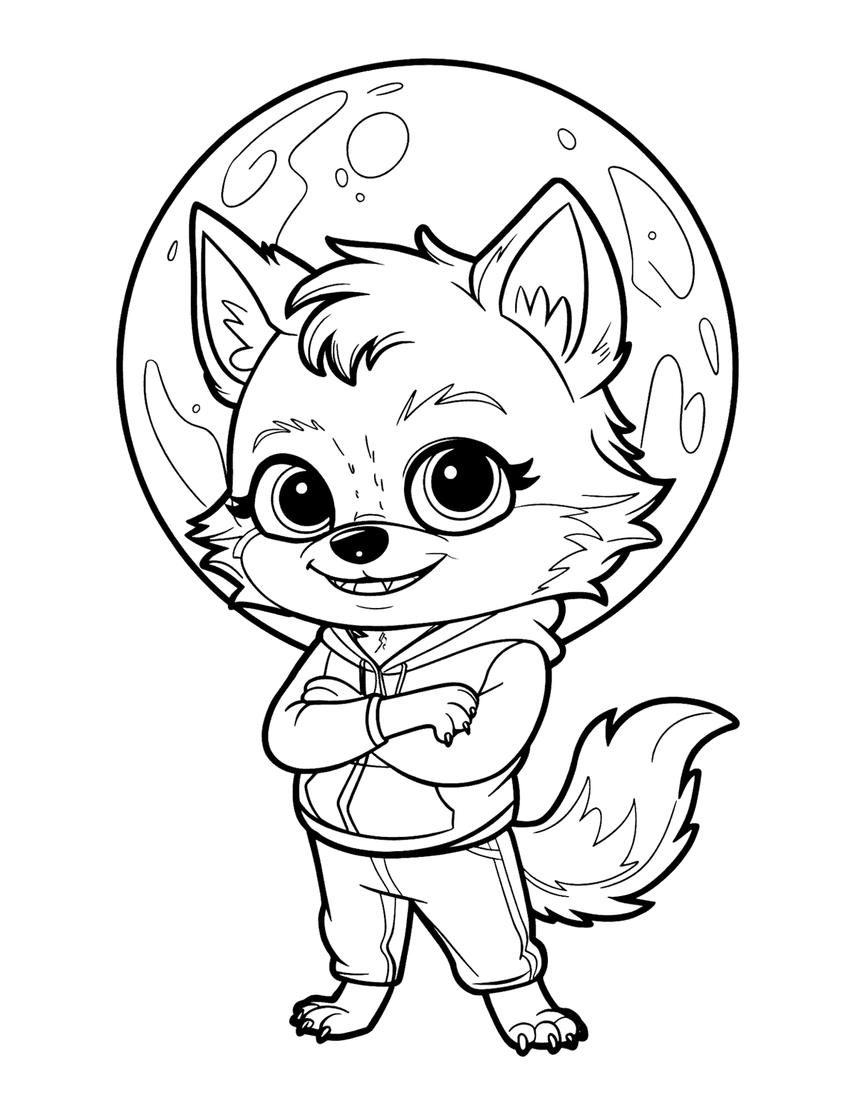 Cute smiling werewolf standing under a full moon