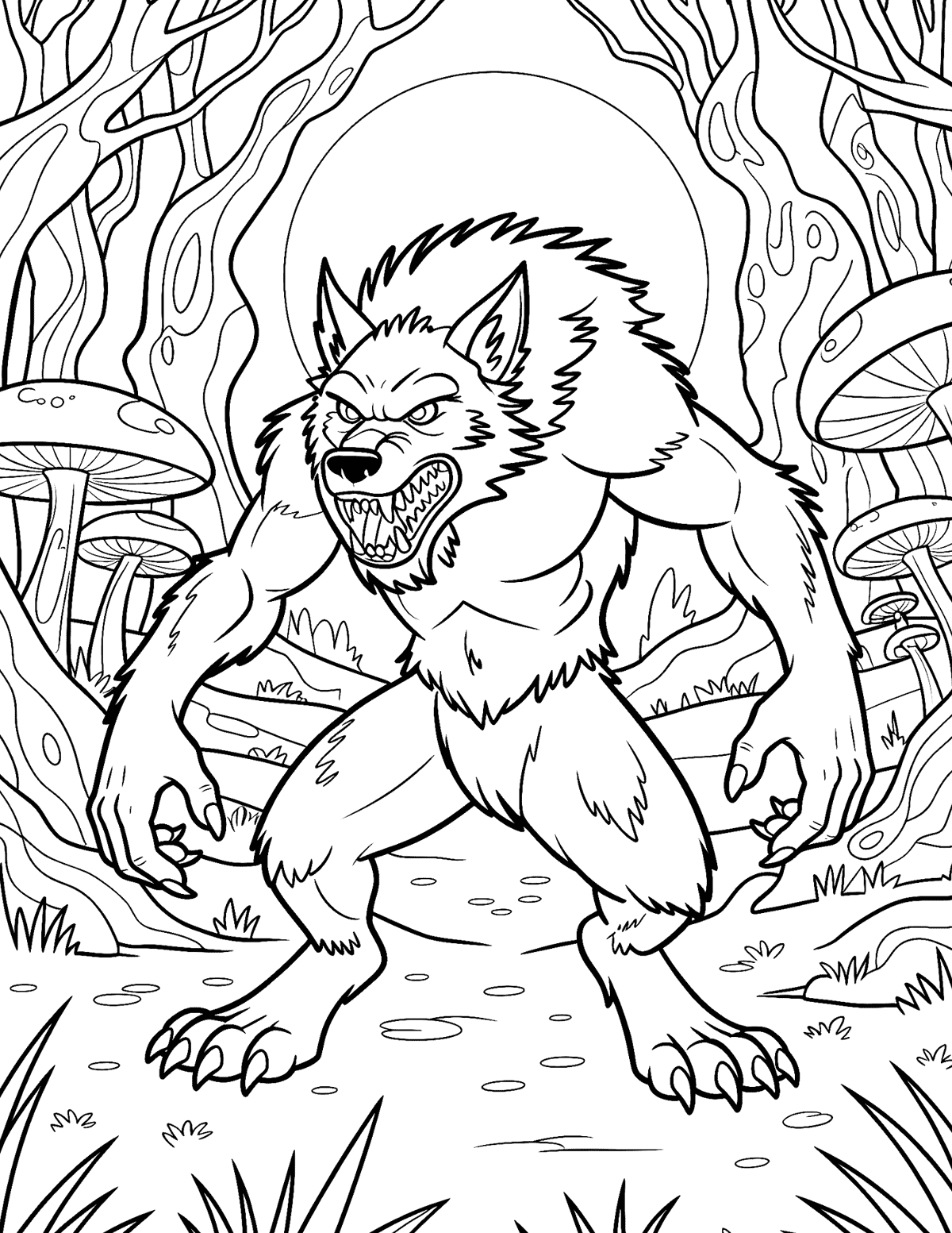 werewolf prowling through a spooky forest with mushrooms and a full moon