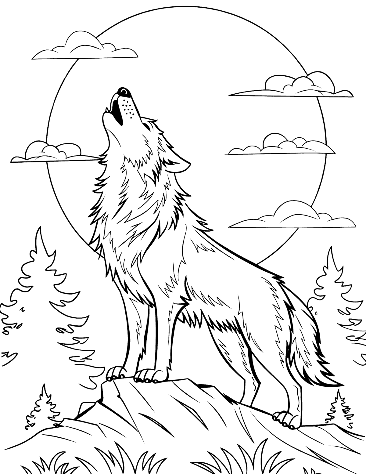 Wolf howling from a rocky ledge beneath a large full moon