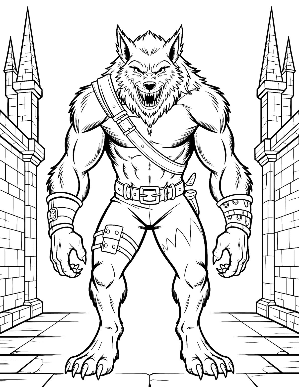 Muscular werewolf warrior standing between spooky castle towers