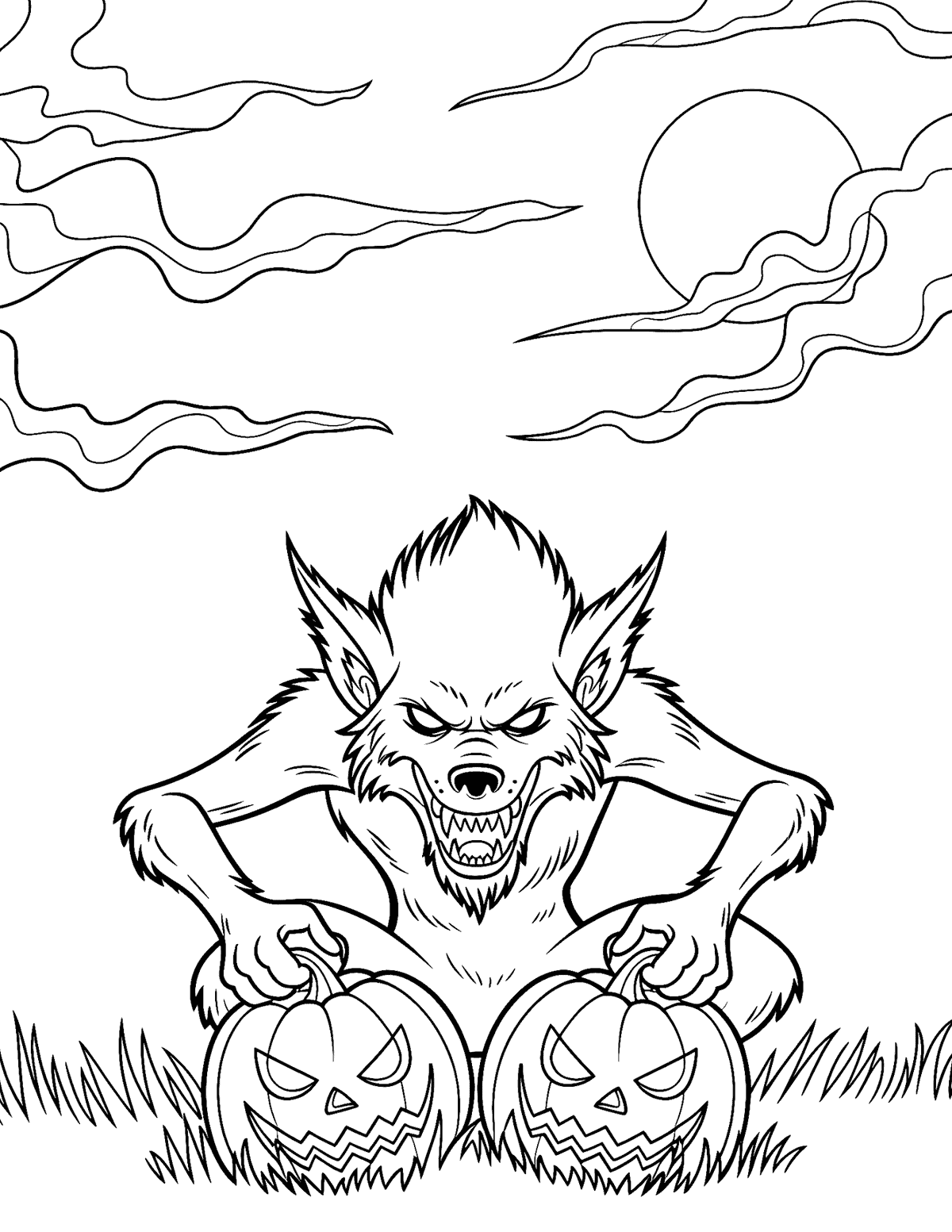 Crouching werewolf holding two jack-o-lanterns beneath a cloudy moon