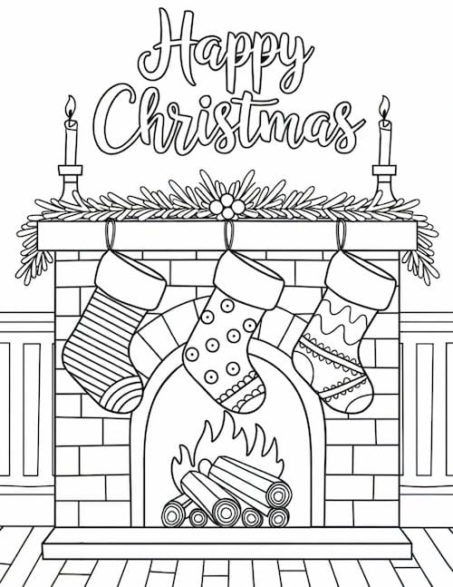 hree stockings hanging from a brick fireplace, surrounded by festive candles and greenery with "Happy Christmas" above.