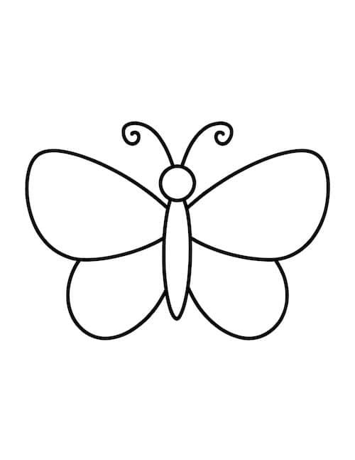 simple butterfly coloring page with rounded wings and curled antennae.